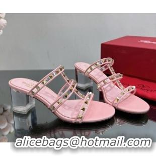 1:1 aaaaa Valentino Rockstud Heel Slide Sandals 6.5cm in Leather and Clear PVC Light Pink 725030