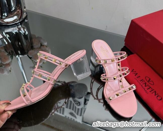 1:1 aaaaa Valentino Rockstud Heel Slide Sandals 6.5cm in Leather and Clear PVC Light Pink 725030