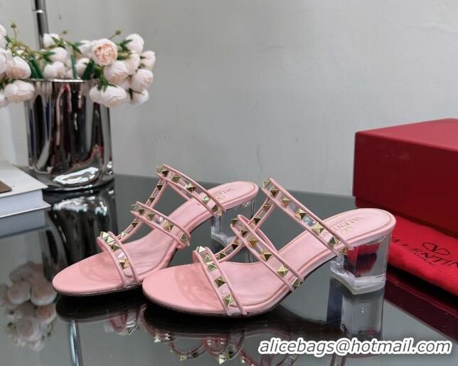 1:1 aaaaa Valentino Rockstud Heel Slide Sandals 6.5cm in Leather and Clear PVC Light Pink 725030