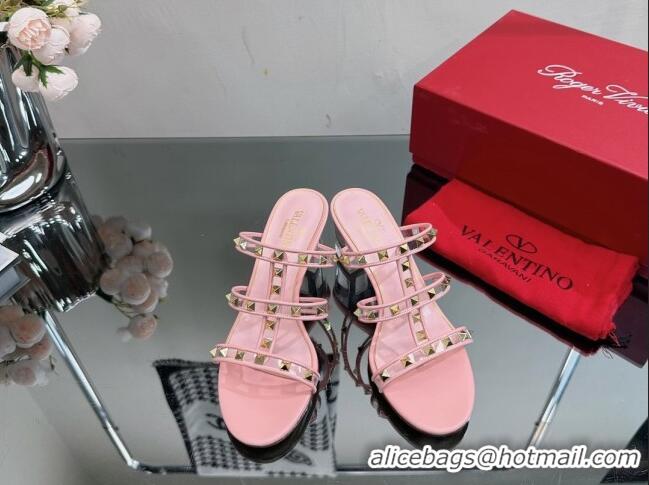 1:1 aaaaa Valentino Rockstud Heel Slide Sandals 6.5cm in Leather and Clear PVC Light Pink 725030