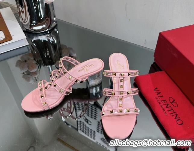 1:1 aaaaa Valentino Rockstud Heel Slide Sandals 6.5cm in Leather and Clear PVC Light Pink 725030