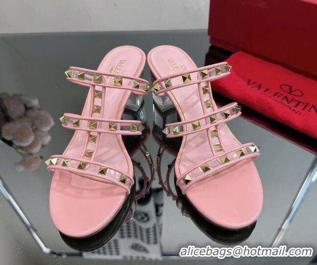 1:1 aaaaa Valentino Rockstud Heel Slide Sandals 6.5cm in Leather and Clear PVC Light Pink 725030