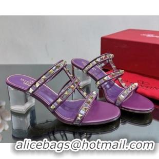 Good Looking Valentino Rockstud Heel Slide Sandals 6.5cm in Leather and Clear PVC Purple 725031