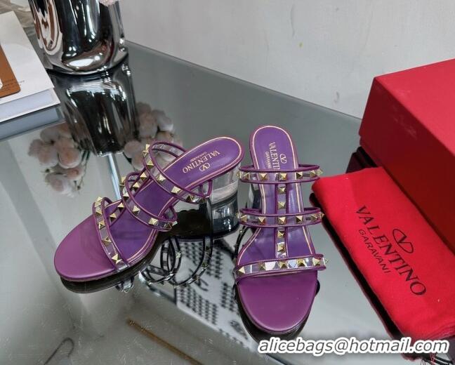 Good Looking Valentino Rockstud Heel Slide Sandals 6.5cm in Leather and Clear PVC Purple 725031