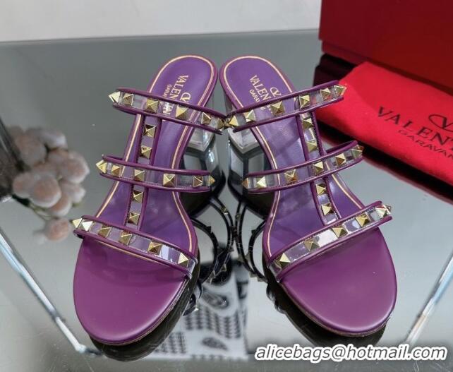 Good Looking Valentino Rockstud Heel Slide Sandals 6.5cm in Leather and Clear PVC Purple 725031