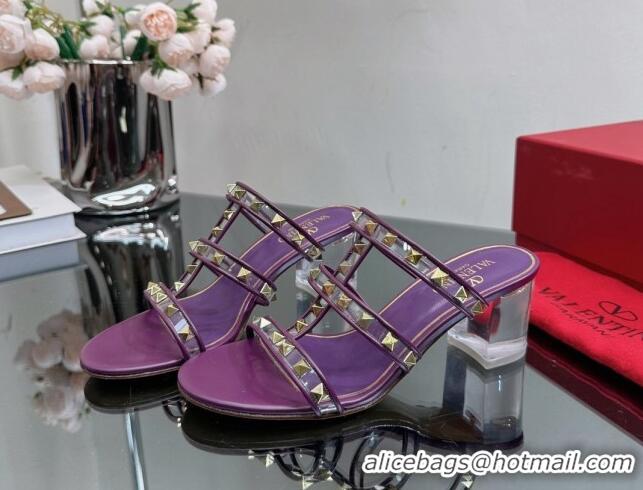 Good Looking Valentino Rockstud Heel Slide Sandals 6.5cm in Leather and Clear PVC Purple 725031