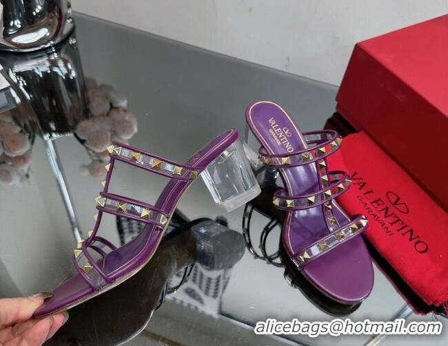 Good Looking Valentino Rockstud Heel Slide Sandals 6.5cm in Leather and Clear PVC Purple 725031