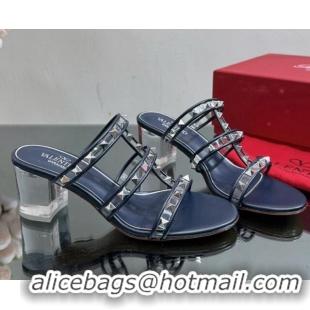 Stylish Valentino Rockstud Heel Slide Sandals 6.5cm in Leather and Clear PVC Dark Blue 725032