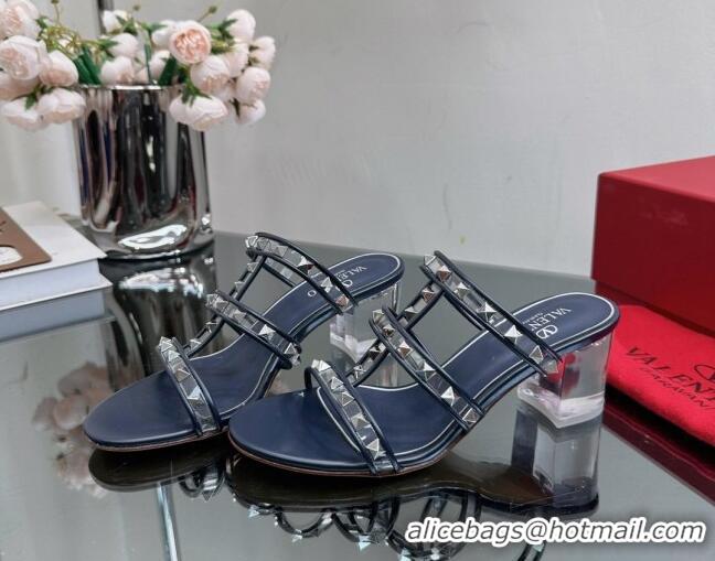 Stylish Valentino Rockstud Heel Slide Sandals 6.5cm in Leather and Clear PVC Dark Blue 725032