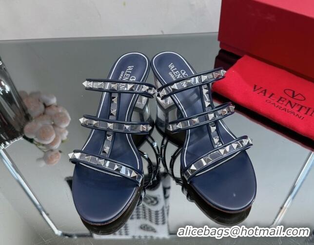 Stylish Valentino Rockstud Heel Slide Sandals 6.5cm in Leather and Clear PVC Dark Blue 725032