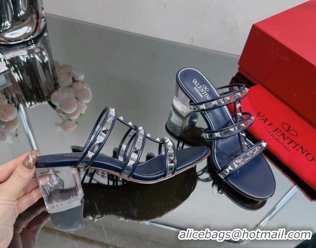 Stylish Valentino Rockstud Heel Slide Sandals 6.5cm in Leather and Clear PVC Dark Blue 725032