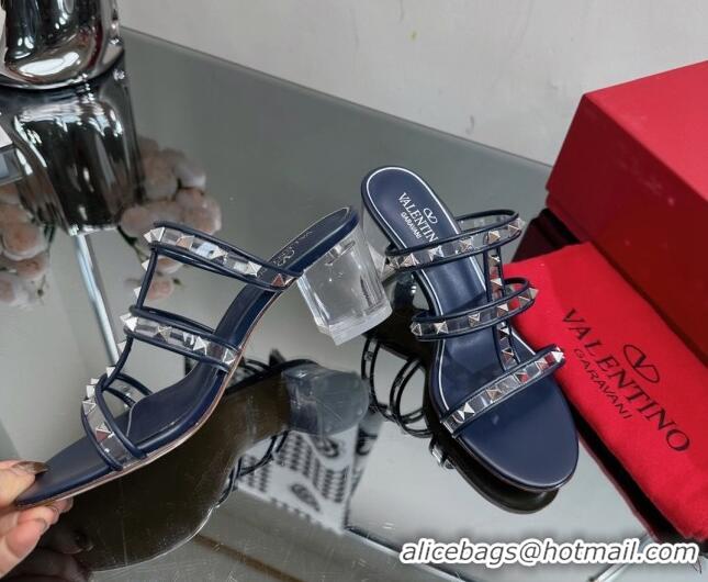 Stylish Valentino Rockstud Heel Slide Sandals 6.5cm in Leather and Clear PVC Dark Blue 725032