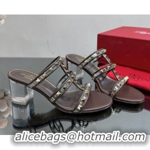 Hot Style Valentino Rockstud Heel Slide Sandals 6.5cm in Leather and Clear PVC Brown 725033