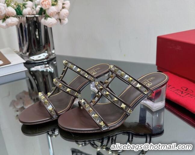 Hot Style Valentino Rockstud Heel Slide Sandals 6.5cm in Leather and Clear PVC Brown 725033