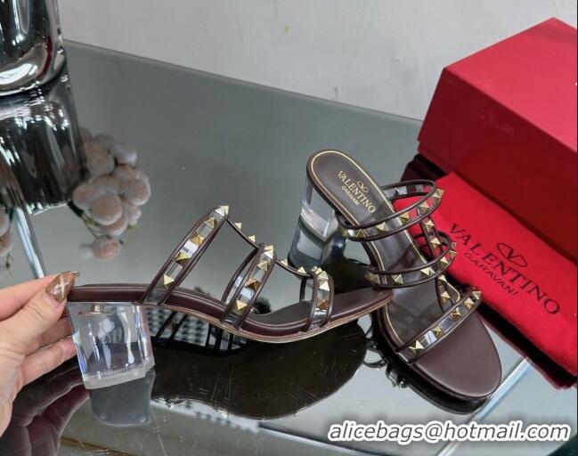 Hot Style Valentino Rockstud Heel Slide Sandals 6.5cm in Leather and Clear PVC Brown 725033