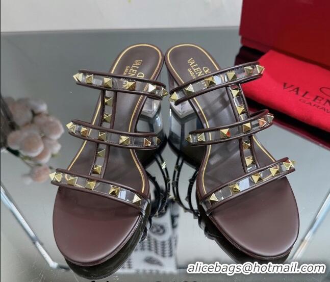 Hot Style Valentino Rockstud Heel Slide Sandals 6.5cm in Leather and Clear PVC Brown 725033