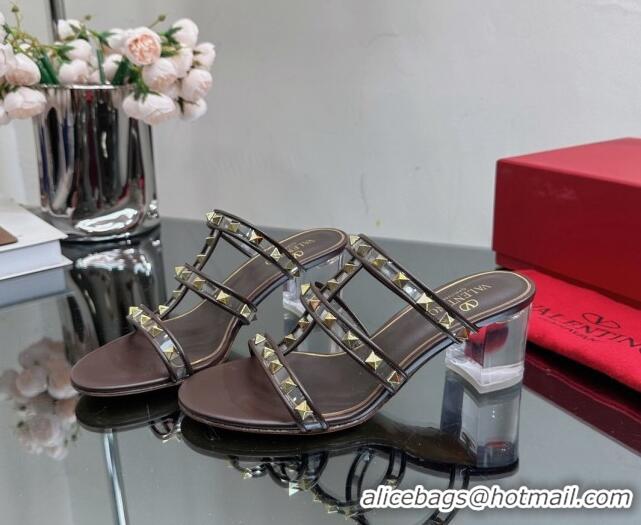 Hot Style Valentino Rockstud Heel Slide Sandals 6.5cm in Leather and Clear PVC Brown 725033