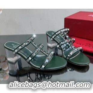 Sophisticated Valentino Rockstud Heel Slide Sandals 6.5cm in Leather and Clear PVC Dark Green 725034