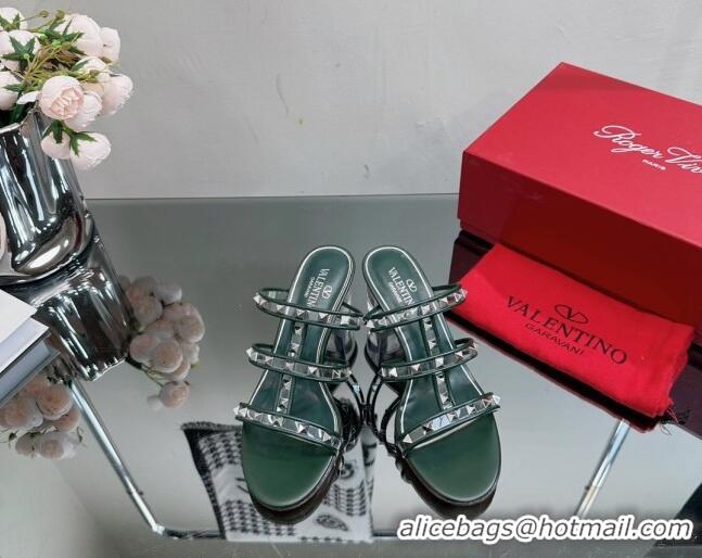 Sophisticated Valentino Rockstud Heel Slide Sandals 6.5cm in Leather and Clear PVC Dark Green 725034