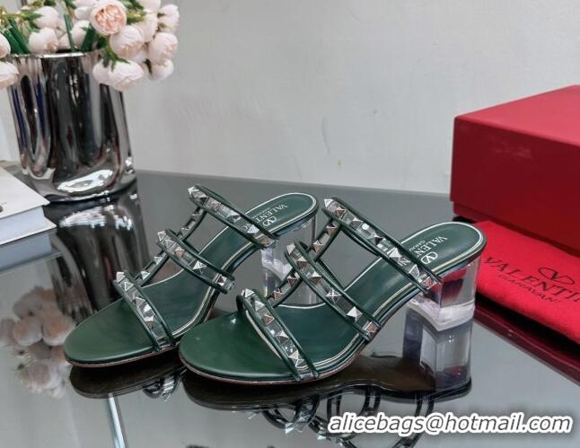 Sophisticated Valentino Rockstud Heel Slide Sandals 6.5cm in Leather and Clear PVC Dark Green 725034