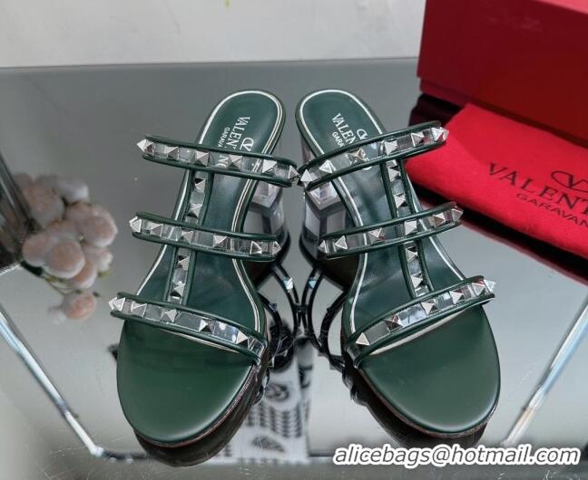 Sophisticated Valentino Rockstud Heel Slide Sandals 6.5cm in Leather and Clear PVC Dark Green 725034