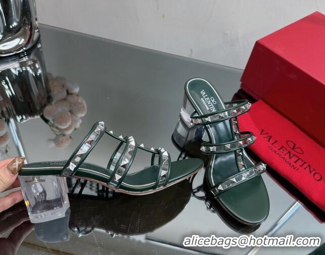 Sophisticated Valentino Rockstud Heel Slide Sandals 6.5cm in Leather and Clear PVC Dark Green 725034