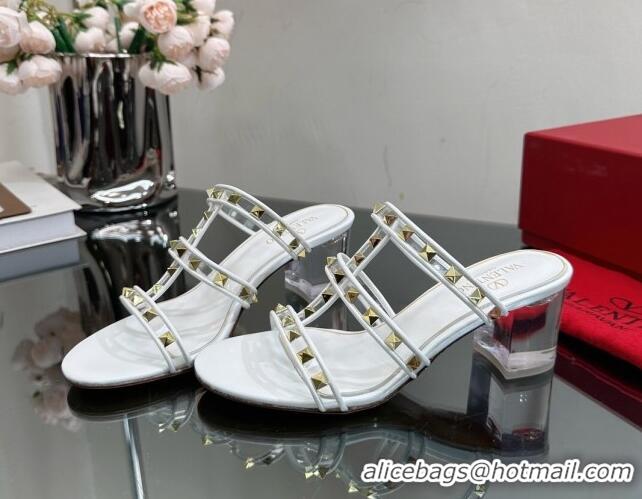 Cheap Price Valentino Rockstud Heel Slide Sandals 6.5cm in Leather and Clear PVC White 725035