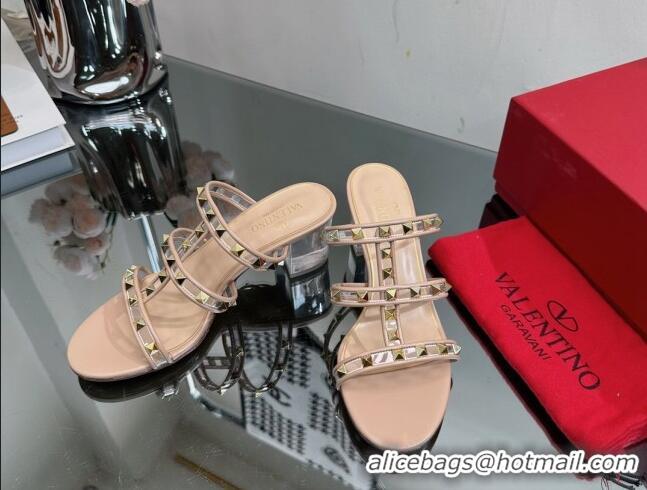 Stylish Valentino Rockstud Heel Slide Sandals 6.5cm in Leather and Clear PVC Nude 725036