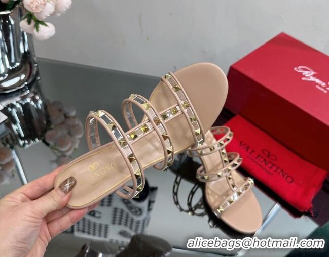 Stylish Valentino Rockstud Heel Slide Sandals 6.5cm in Leather and Clear PVC Nude 725036