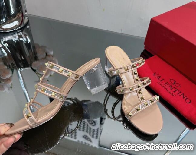 Stylish Valentino Rockstud Heel Slide Sandals 6.5cm in Leather and Clear PVC Nude 725036