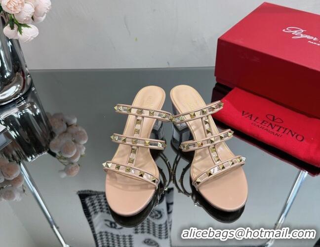 Stylish Valentino Rockstud Heel Slide Sandals 6.5cm in Leather and Clear PVC Nude 725036