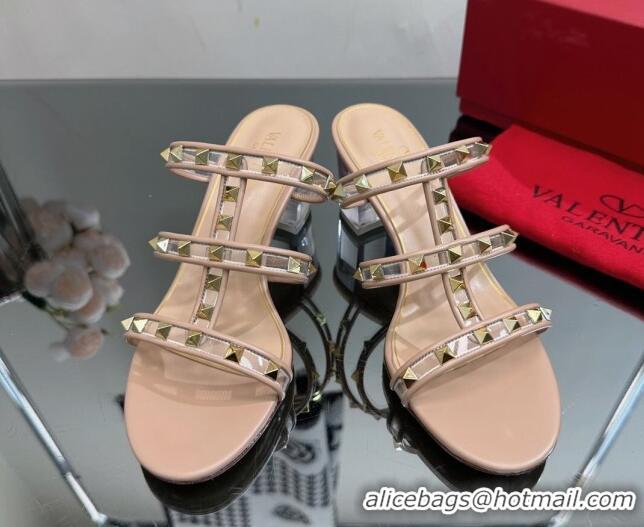 Stylish Valentino Rockstud Heel Slide Sandals 6.5cm in Leather and Clear PVC Nude 725036