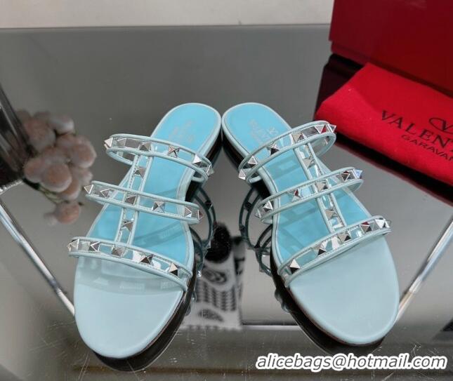 Perfect Valentino Rockstud Flat Slide Sandals in Leather and Clear PVC Light Blue 725037