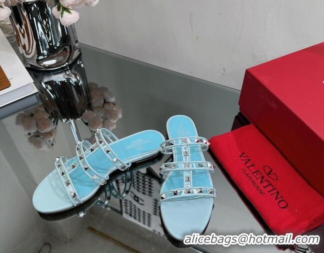 Perfect Valentino Rockstud Flat Slide Sandals in Leather and Clear PVC Light Blue 725037