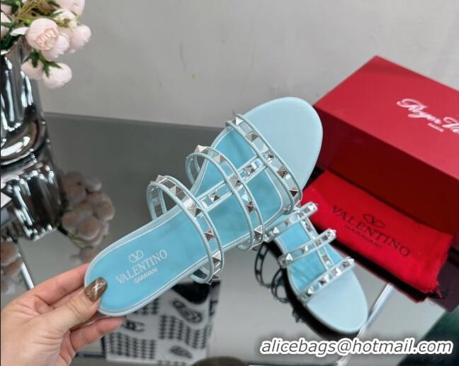 Perfect Valentino Rockstud Flat Slide Sandals in Leather and Clear PVC Light Blue 725037