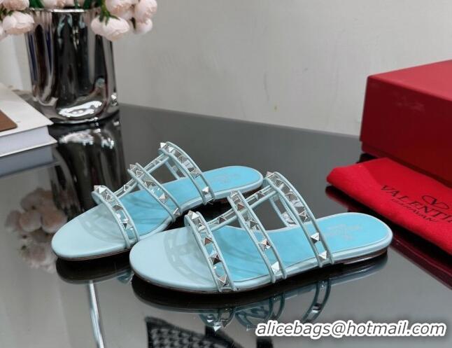 Perfect Valentino Rockstud Flat Slide Sandals in Leather and Clear PVC Light Blue 725037