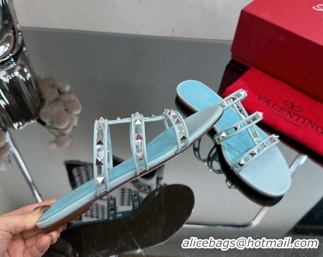 Perfect Valentino Rockstud Flat Slide Sandals in Leather and Clear PVC Light Blue 725037