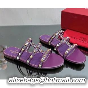 Good Quality Valentino Rockstud Flat Slide Sandals in Leather and Clear PVC Dark Purple 725038