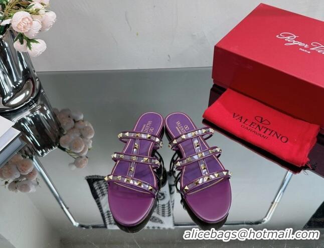 Good Quality Valentino Rockstud Flat Slide Sandals in Leather and Clear PVC Dark Purple 725038