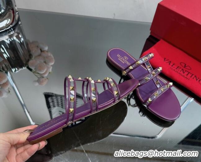 Good Quality Valentino Rockstud Flat Slide Sandals in Leather and Clear PVC Dark Purple 725038