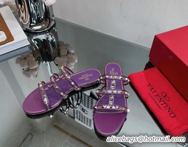 Good Quality Valentino Rockstud Flat Slide Sandals in Leather and Clear PVC Dark Purple 725038