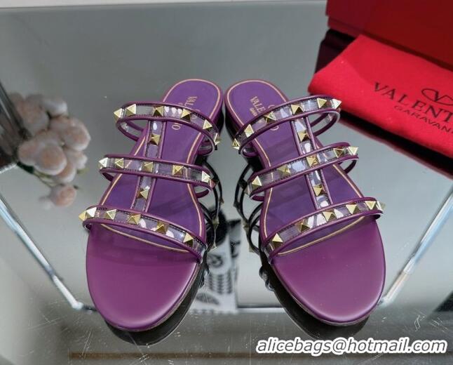 Good Quality Valentino Rockstud Flat Slide Sandals in Leather and Clear PVC Dark Purple 725038