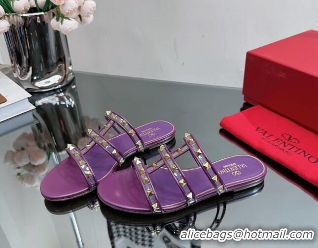 Good Quality Valentino Rockstud Flat Slide Sandals in Leather and Clear PVC Dark Purple 725038