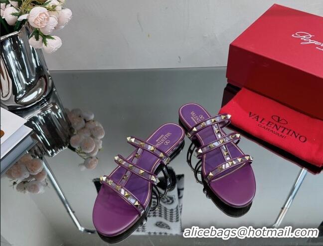 Good Quality Valentino Rockstud Flat Slide Sandals in Leather and Clear PVC Dark Purple 725038