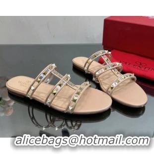 Top Design Valentino Rockstud Flat Slide Sandals in Leather and Clear PVC Nude 725039