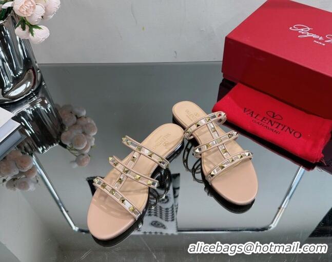 Top Design Valentino Rockstud Flat Slide Sandals in Leather and Clear PVC Nude 725039