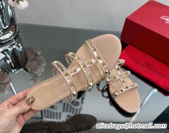 Top Design Valentino Rockstud Flat Slide Sandals in Leather and Clear PVC Nude 725039