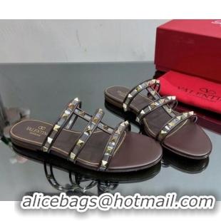 Discount Valentino Rockstud Flat Slide Sandals in Leather and Clear PVC Brown 725040