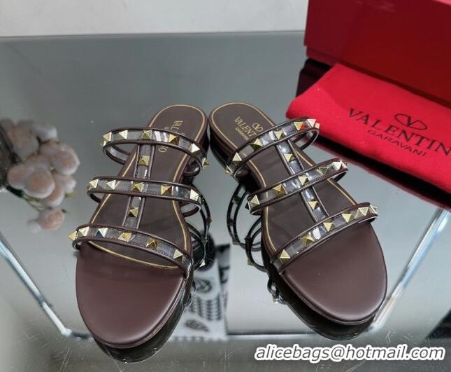 Discount Valentino Rockstud Flat Slide Sandals in Leather and Clear PVC Brown 725040