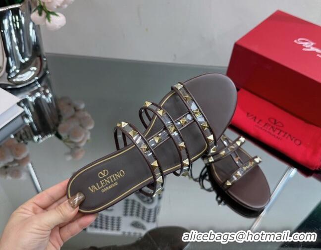 Discount Valentino Rockstud Flat Slide Sandals in Leather and Clear PVC Brown 725040